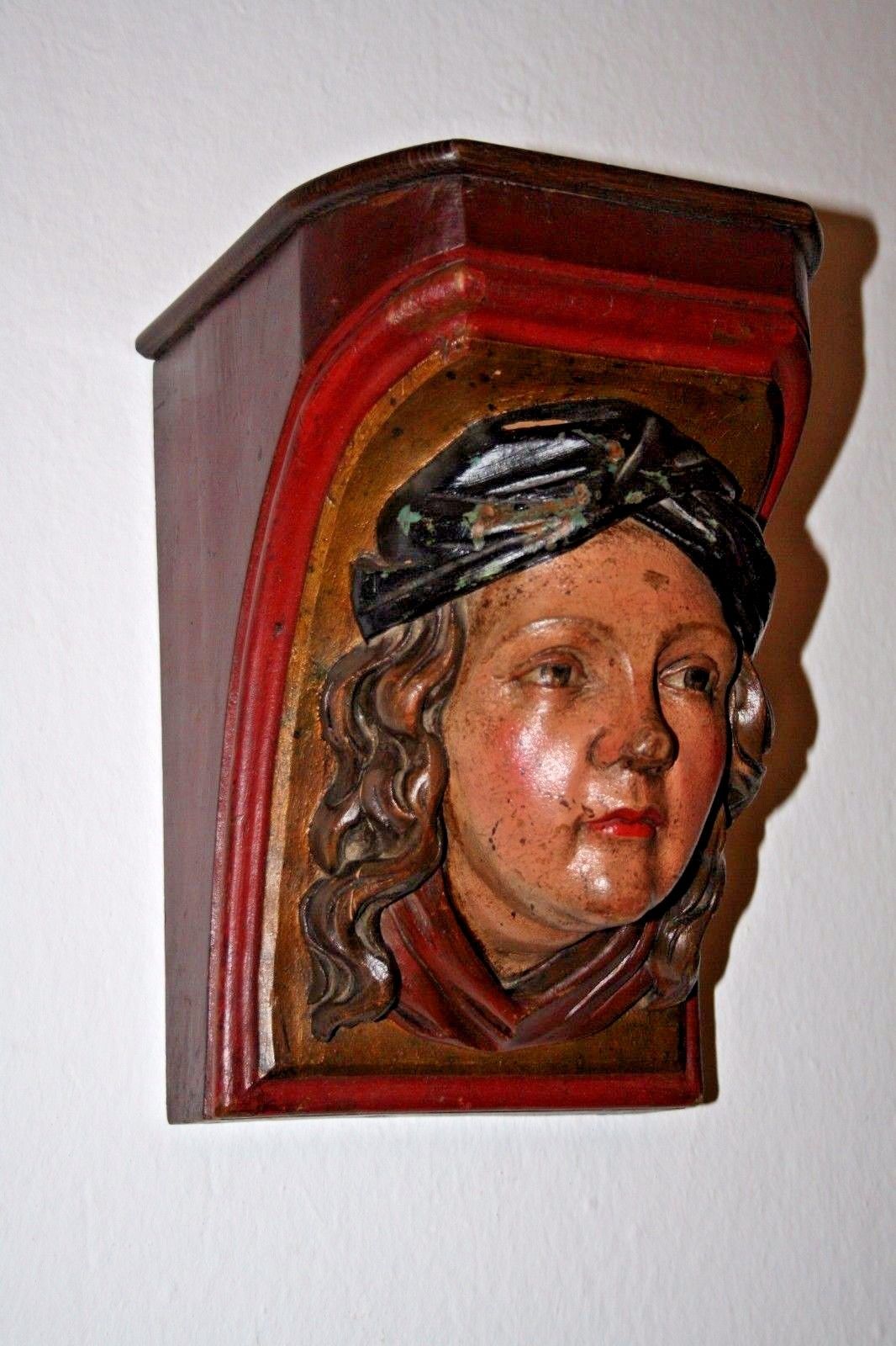 ANTIQUE POLYCHROME CARVED WOOD FIGURE HEAD GIRL OF BOAT