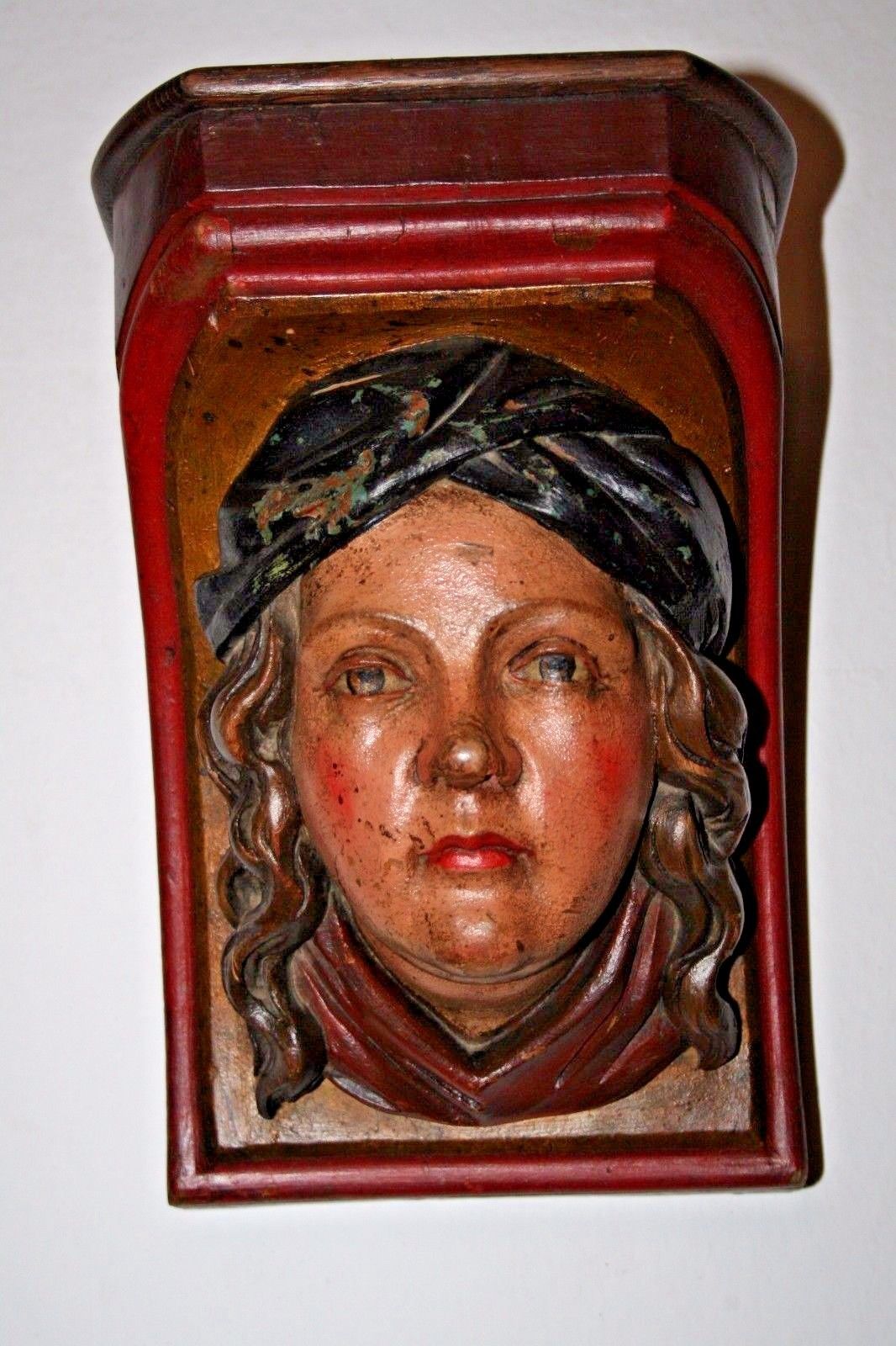 ANTIQUE POLYCHROME CARVED WOOD FIGURE HEAD GIRL OF BOAT