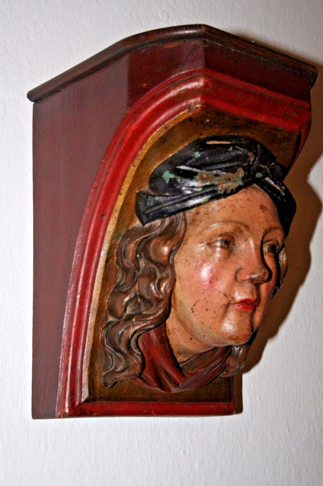 ANTIQUE POLYCHROME CARVED WOOD FIGURE HEAD GIRL OF BOAT