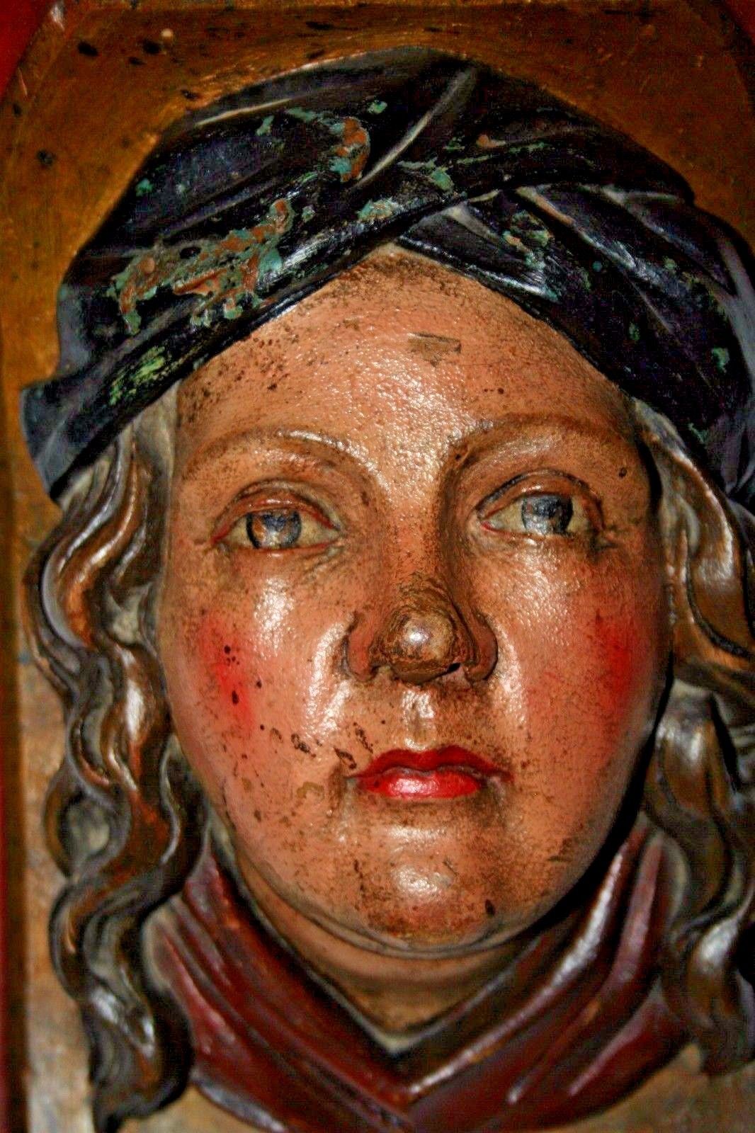 ANTIQUE POLYCHROME CARVED WOOD FIGURE HEAD GIRL OF BOAT