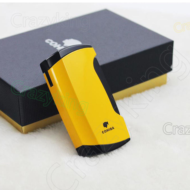 COHIBA Pretty Yellow Metal 2 TORCH JET FLAME CIGAR CIGARETTE LIGHTER With  Punch