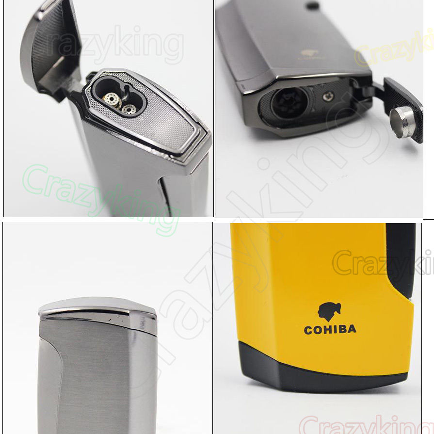 COHIBA Pretty Yellow Metal 2 TORCH JET FLAME CIGAR CIGARETTE LIGHTER With  Punch