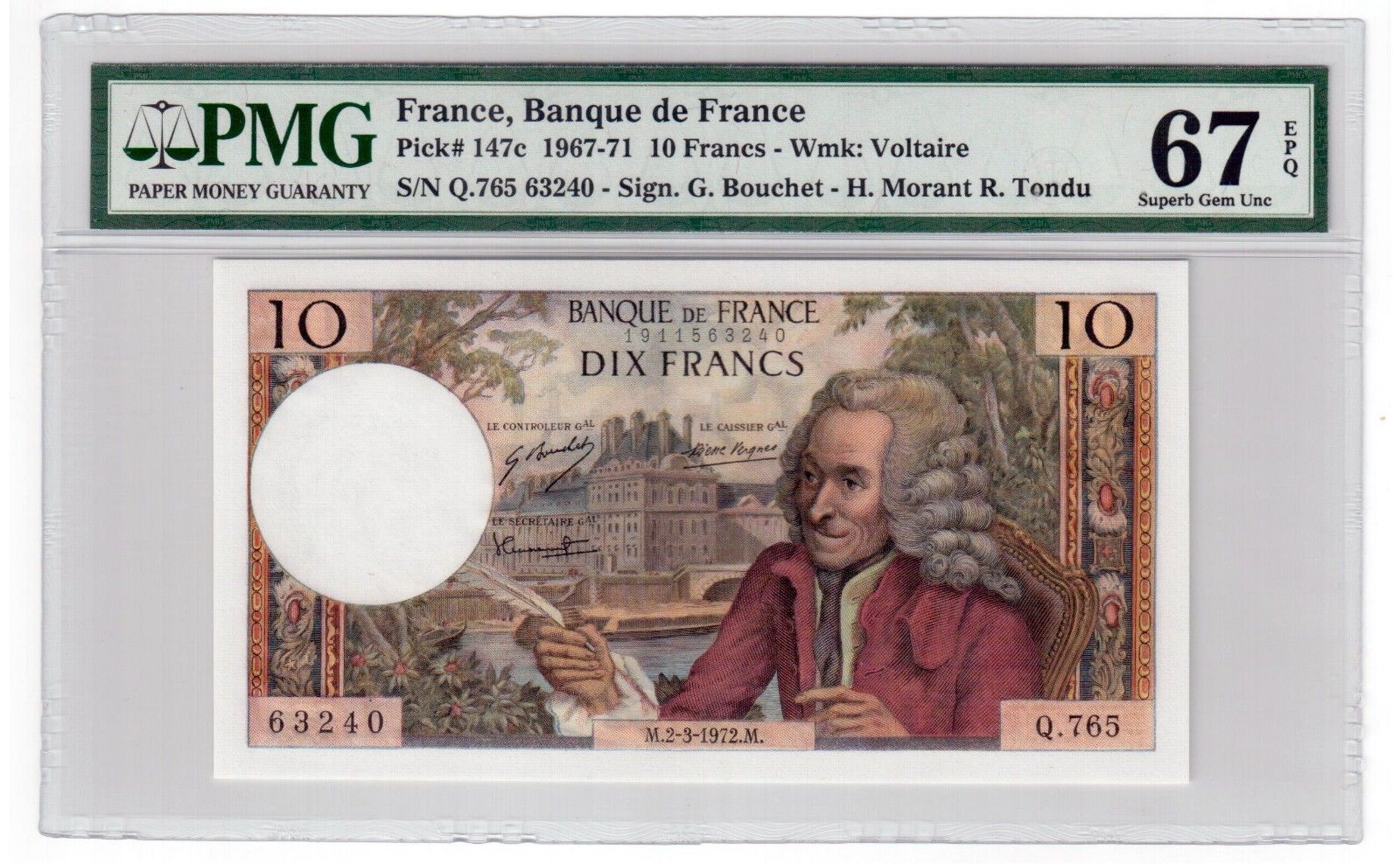 France 10 Francs Banknote 1967-71 Pick 147c PMG Superb Gem UNC 67 EPQ