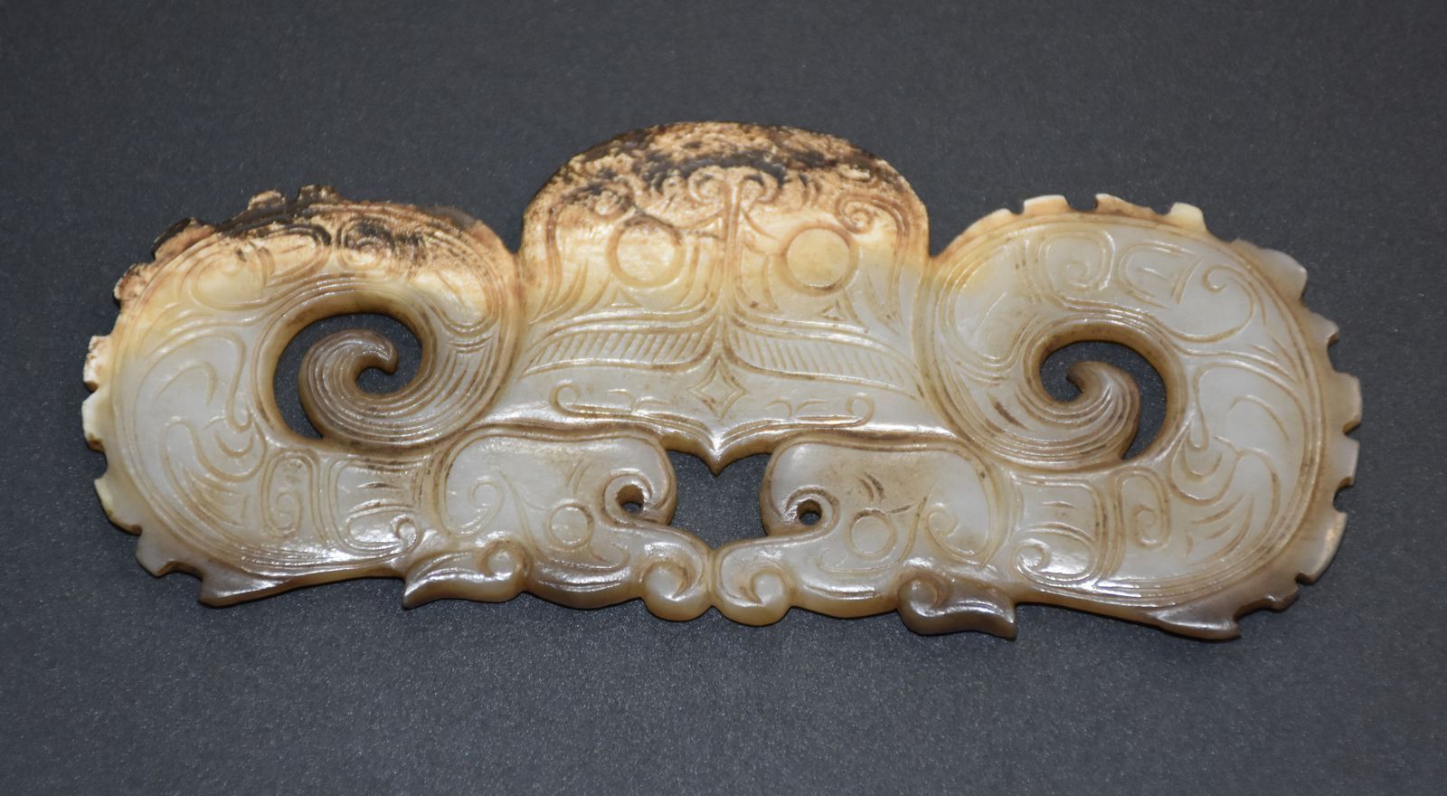 Rare Chinese Old Jade Carved (Zhou) Double-face Dragon Animal Face Design "Pei"