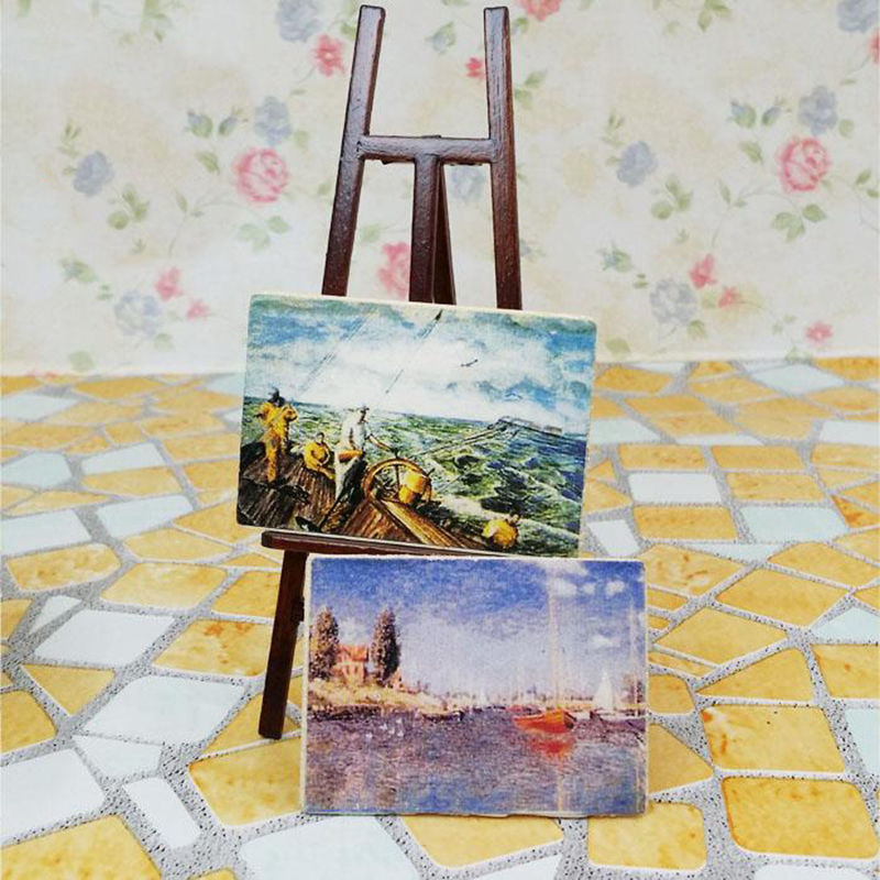 1:12 Miniature Wooden Easel With Two Paintings Dollhouse Decor Miniature Kit DIY