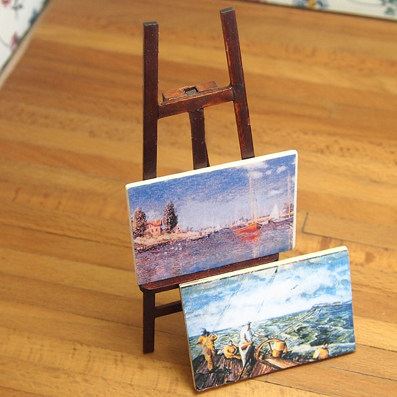 1:12 Miniature Wooden Easel With Two Paintings Dollhouse Decor Miniature Kit DIY