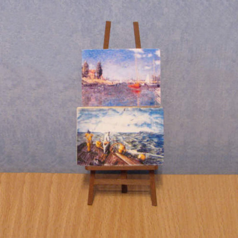 1:12 Miniature Wooden Easel With Two Paintings Dollhouse Decor Miniature Kit DIY