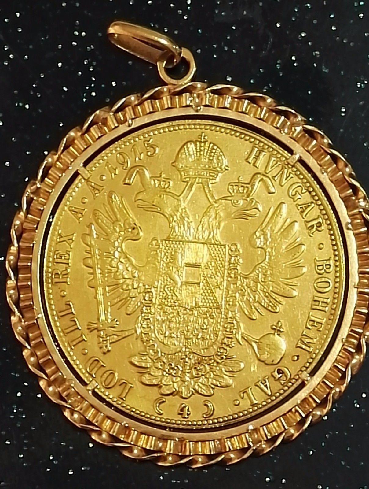 1915 AUSTRIA 4 DUCAT GOLD COIN IN 18 K GOLD BEZEL BROOCH  PENDENT 20 GRAM