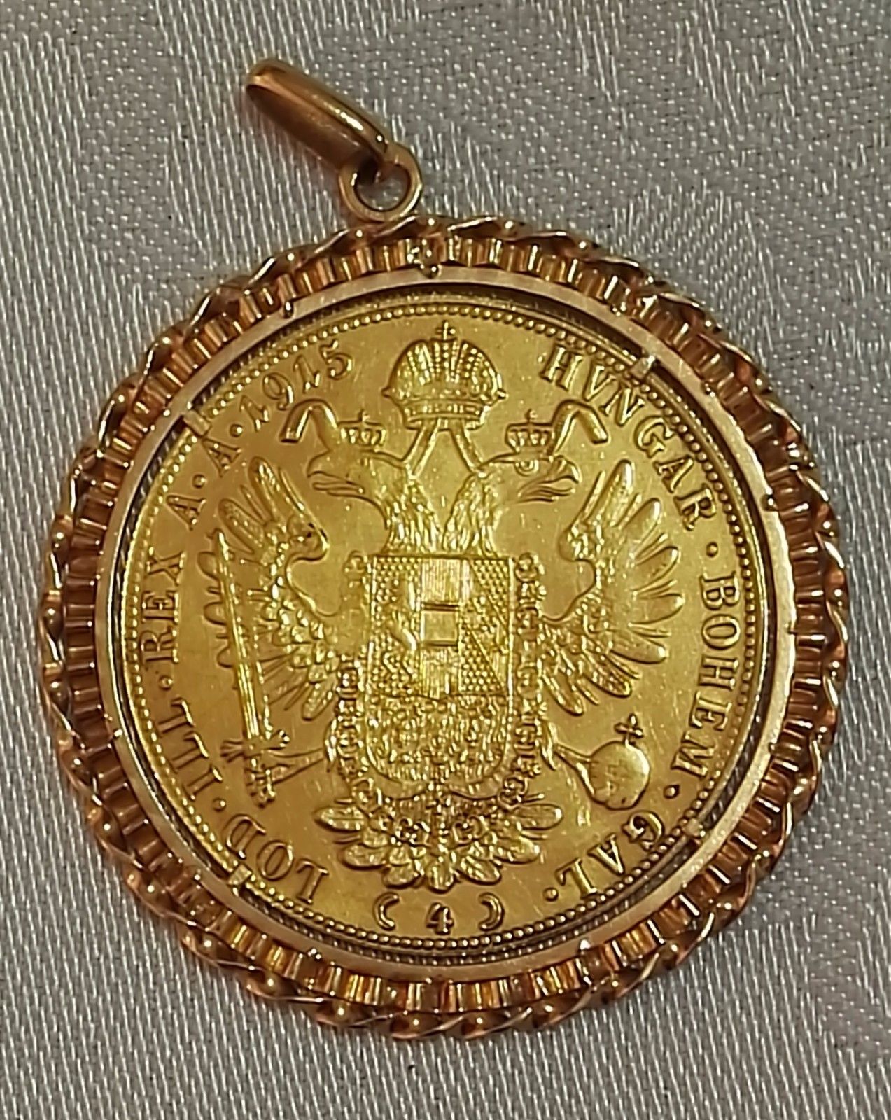 1915 AUSTRIA 4 DUCAT GOLD COIN IN 18 K GOLD BEZEL BROOCH  PENDENT 20 GRAM