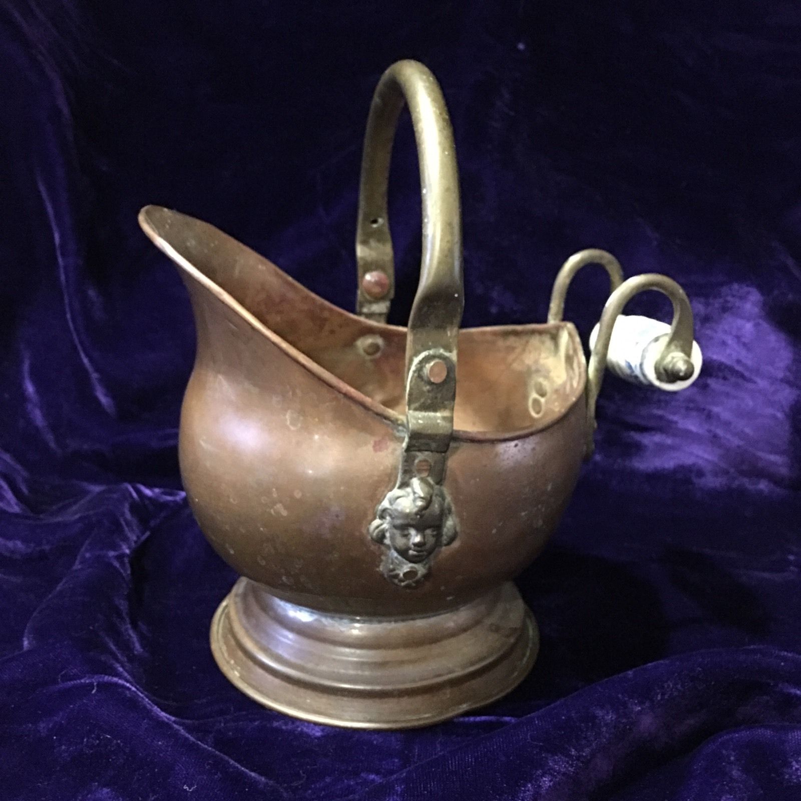 Antique Copper Brass Coal Scuttle Ash Bucket Cherub Head Delft Porcelain Handles