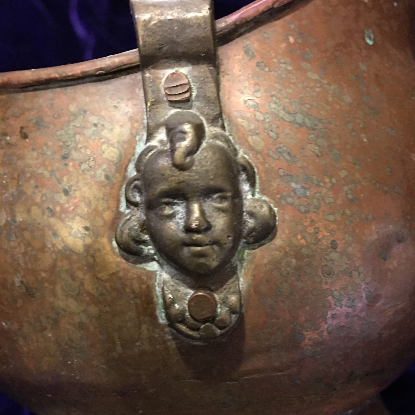 Antique Copper Brass Coal Scuttle Ash Bucket Cherub Head Delft Porcelain Handles