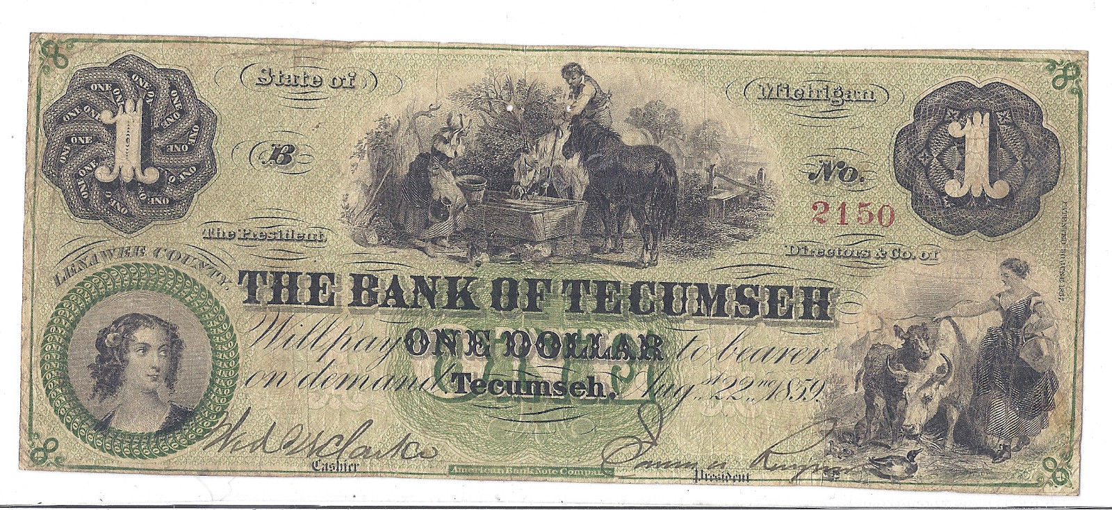 1859 US Obsolete Currency, Bank of Tecumseh, MI - $1 One Dollar No. 2150*