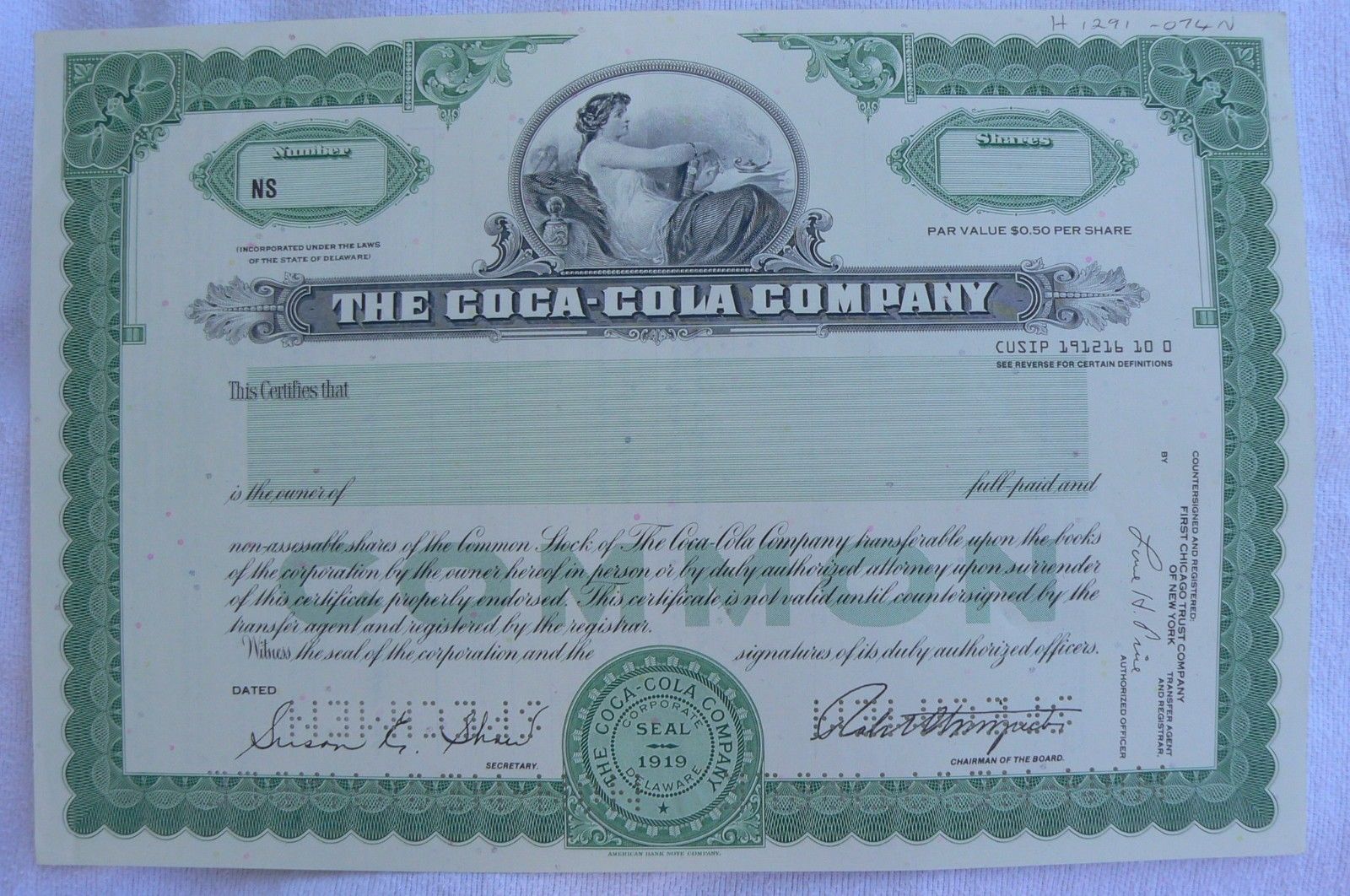 Coca Cola Specimen Stock Certificate Green & Pristine!!!