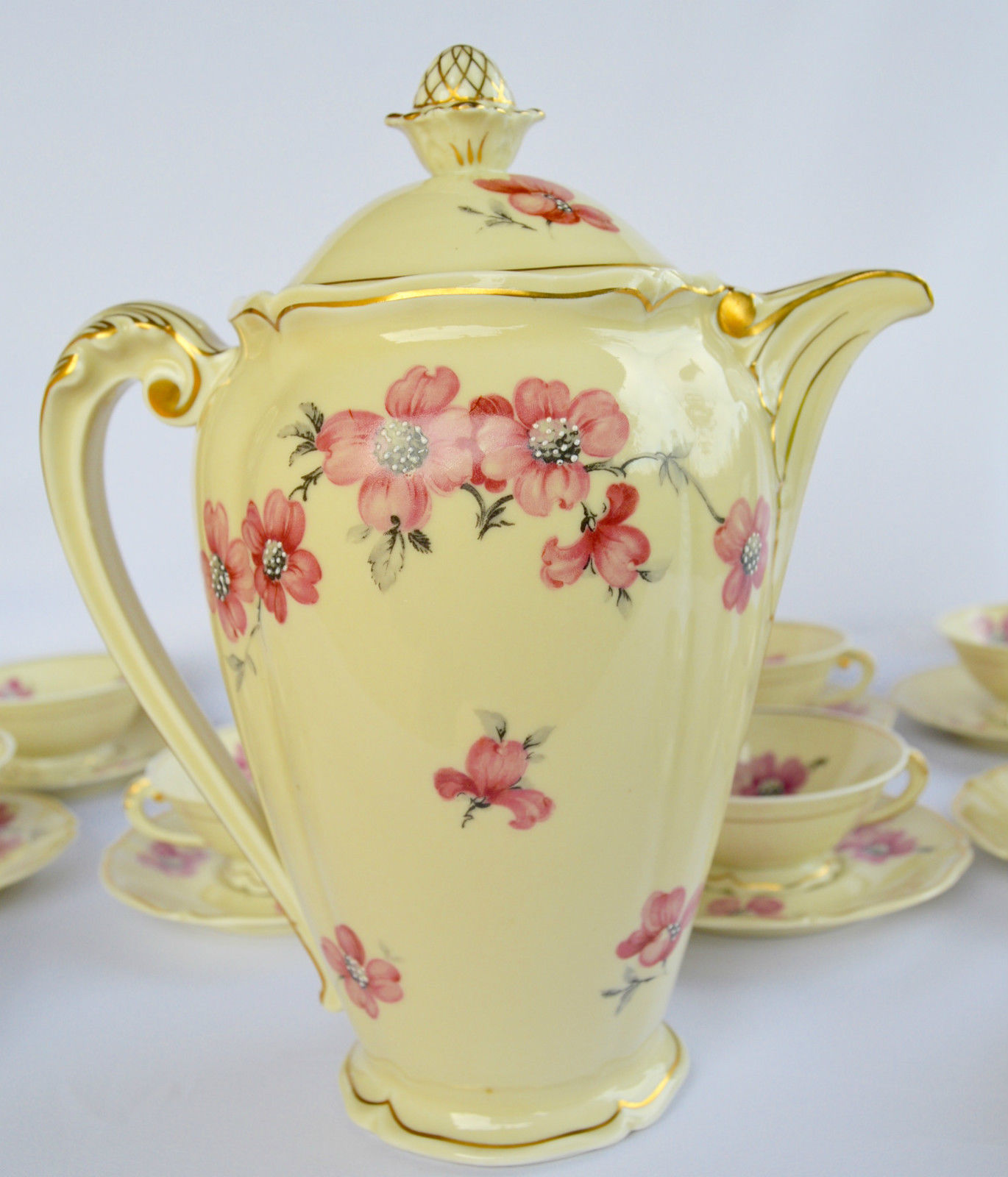 Antique French Limoges Porcelain Coffee Set Pot - 10 Cup & Saucer Floral Artois