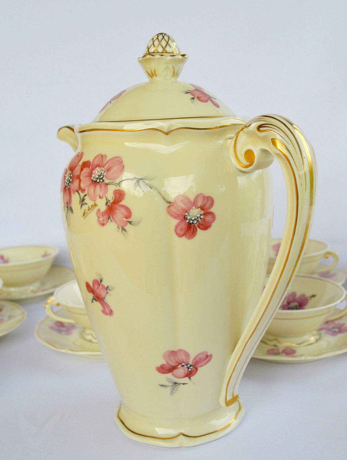 Antique French Limoges Porcelain Coffee Set Pot - 10 Cup & Saucer Floral Artois