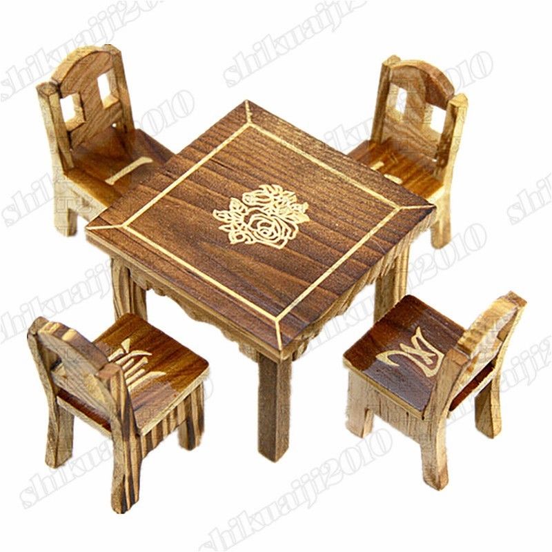 Wooden Dollhouse Miniature Furniture Mini Dining Room 1pc Table & 4pcs Chair Toy