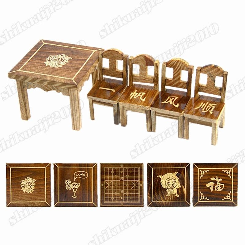 Wooden Dollhouse Miniature Furniture Mini Dining Room 1pc Table & 4pcs Chair Toy