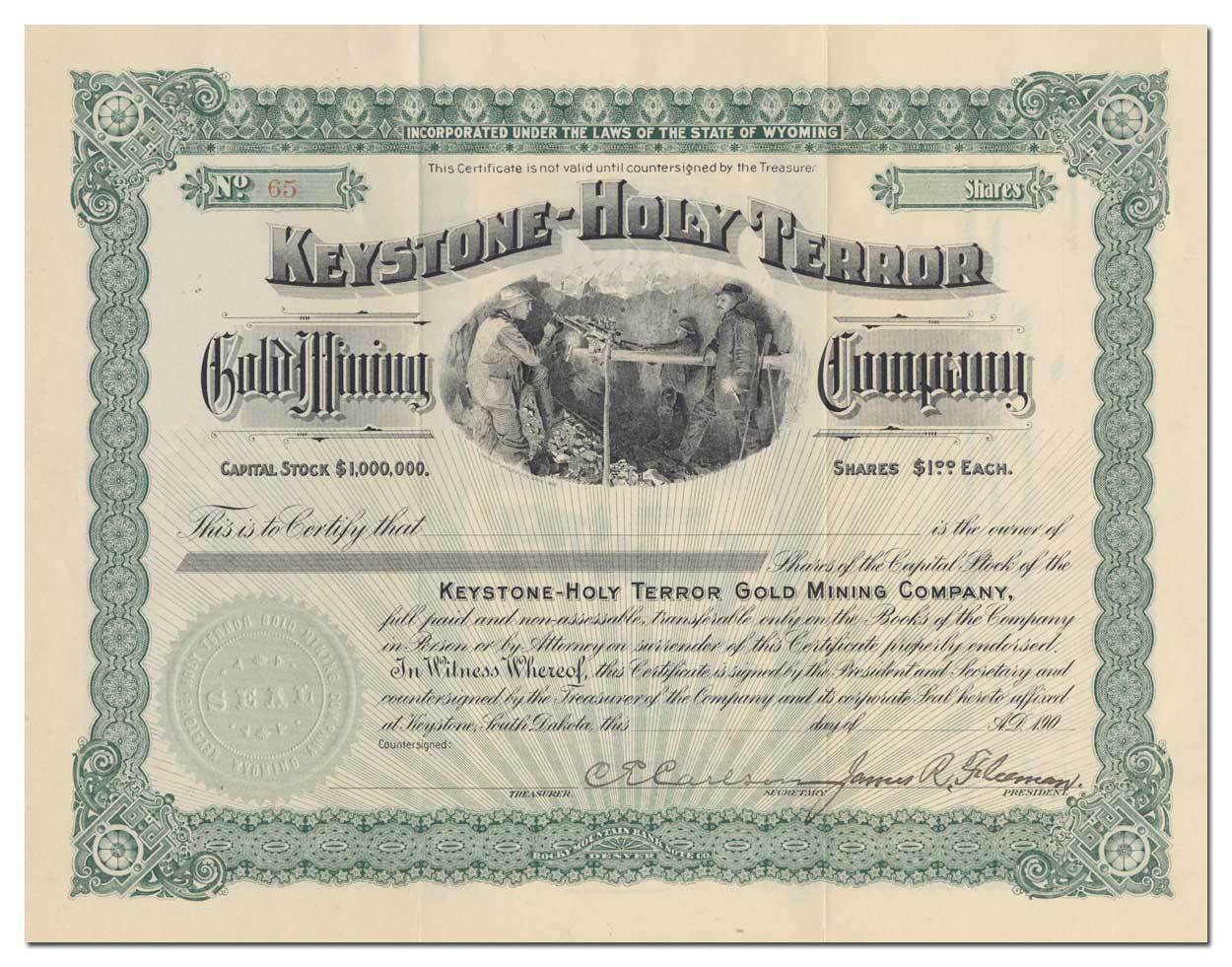 Keystone-Holy Terror Gold Mining Company Stock Certificate