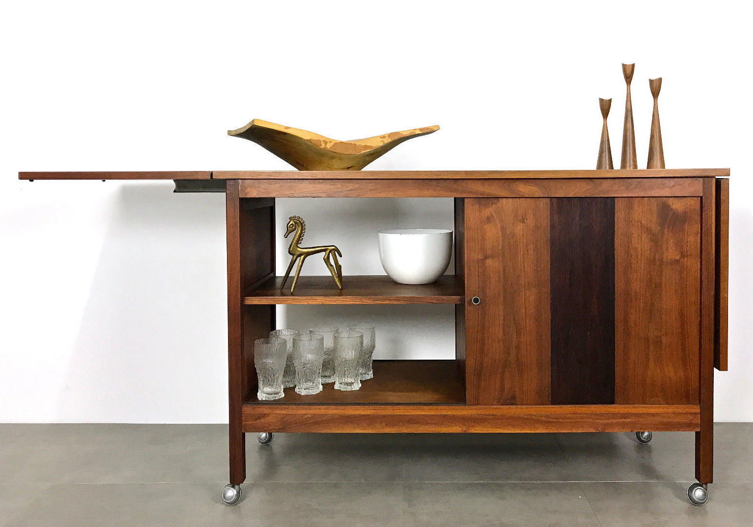 Mid Century Modern Walnut Rosewood Drop Leaf Expanding Bar Cart Credenza Buffet