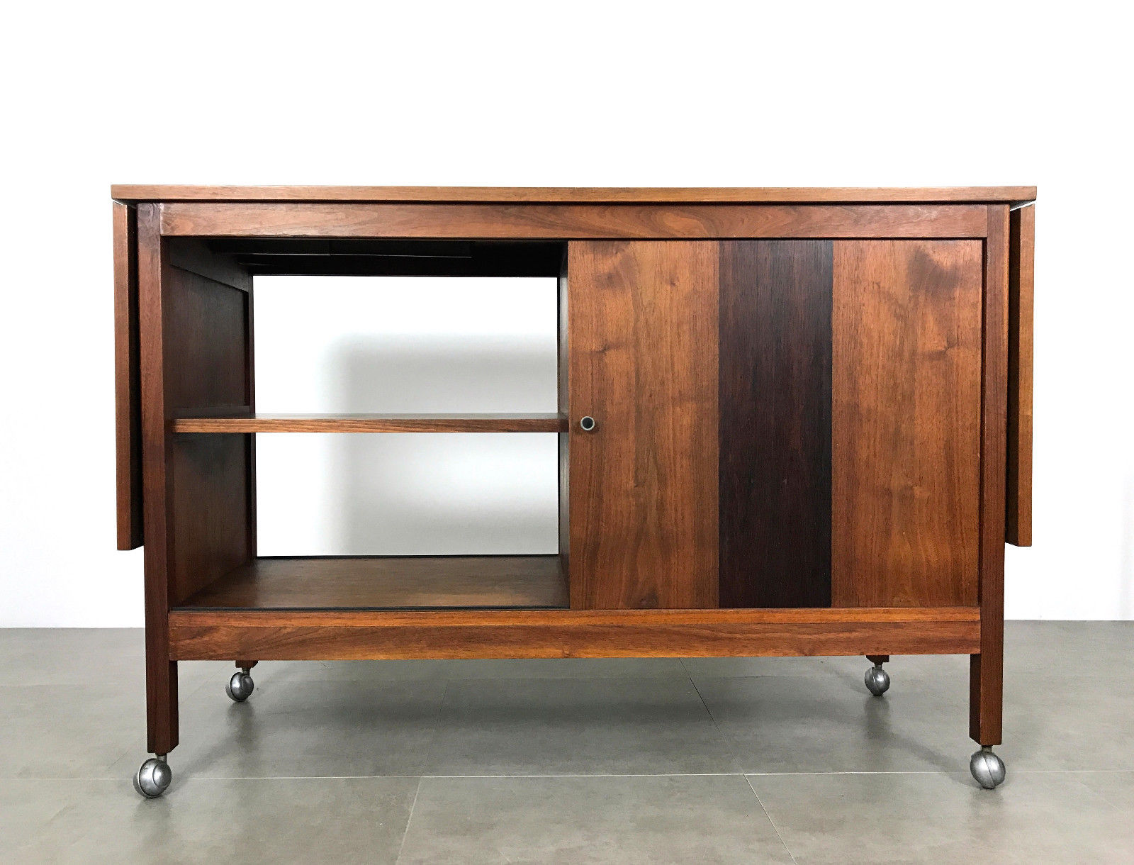 Mid Century Modern Walnut Rosewood Drop Leaf Expanding Bar Cart Credenza Buffet