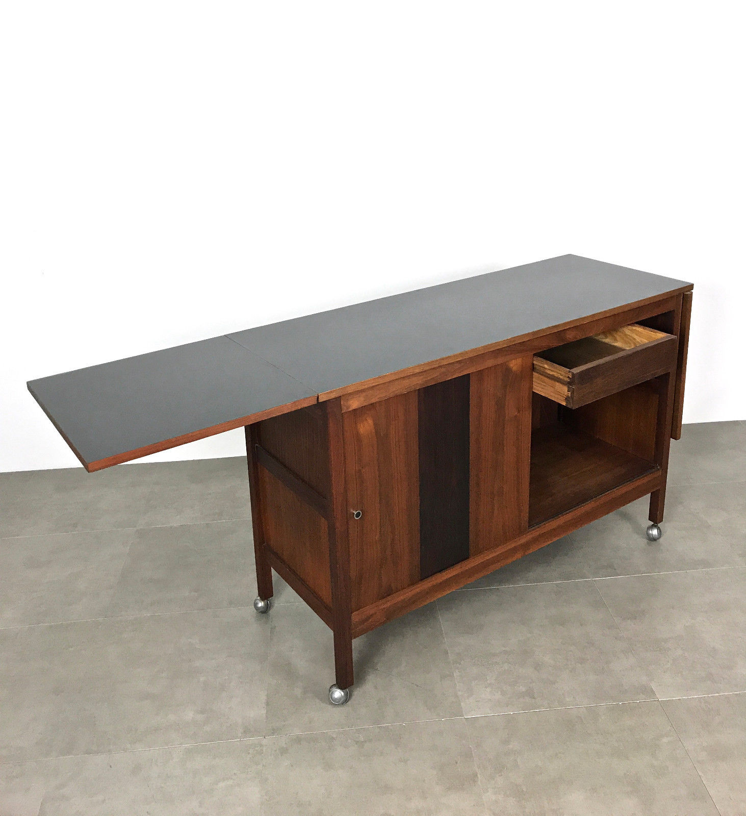 Mid Century Modern Walnut Rosewood Drop Leaf Expanding Bar Cart Credenza Buffet