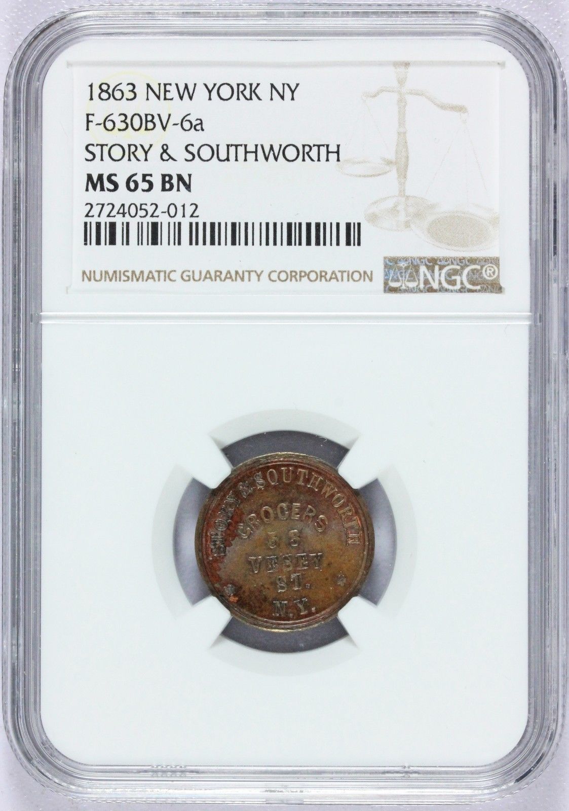 1863 New York NY Story & Southworth Civil War Token F-630BV-6a - NGC MS 65 BN