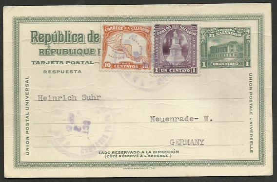 EL SALVADOR TO GERMANY Postal Stationery 1924 + 2 Stamps VERY NICE!