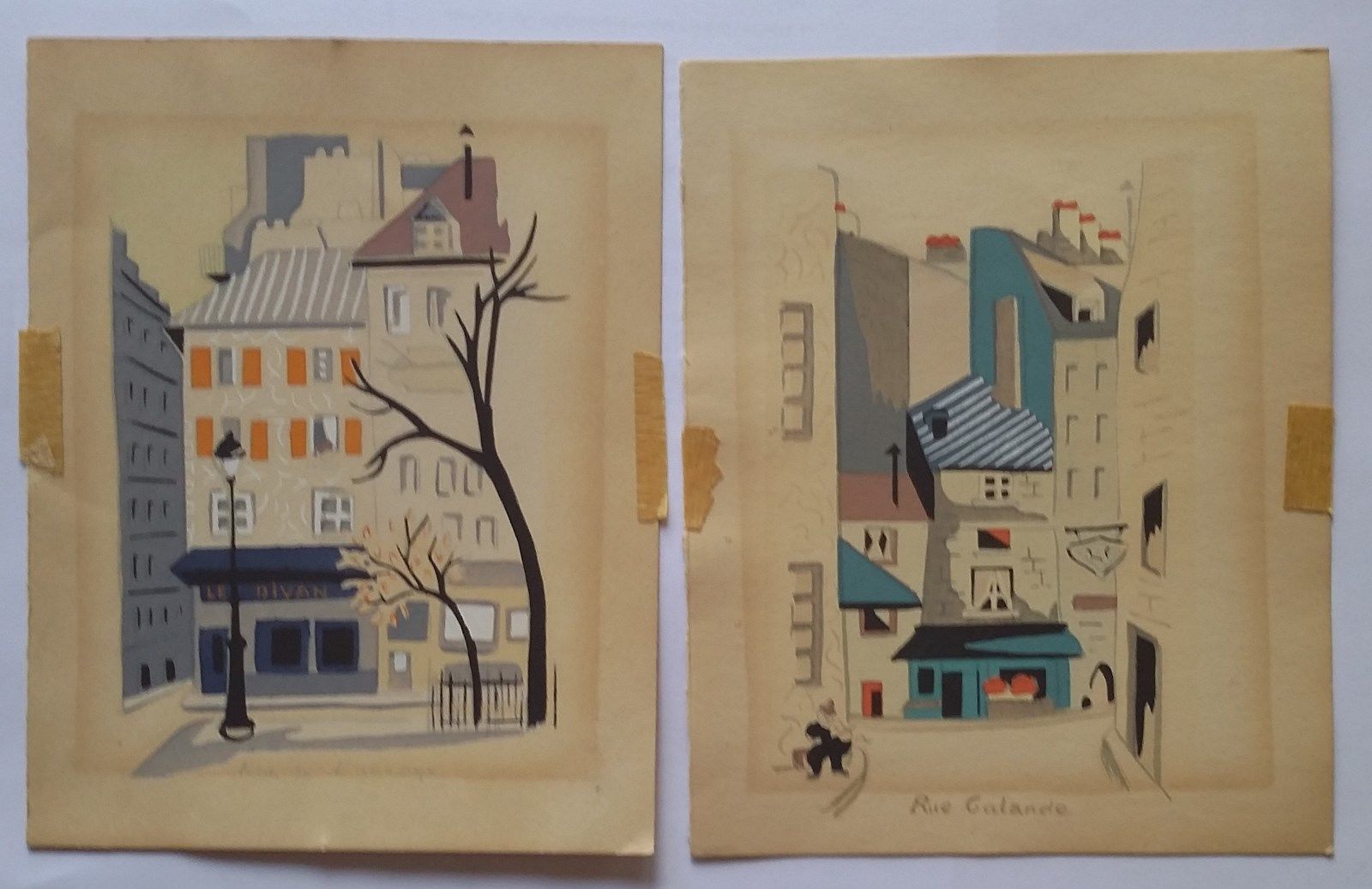 2 Vintage Painted Woodblock Paintings Prints Paris France