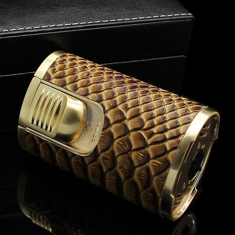 COHIBA Snakeskin Leather Metal 4 Torch Jet Flame Desktop Cigar Lighter