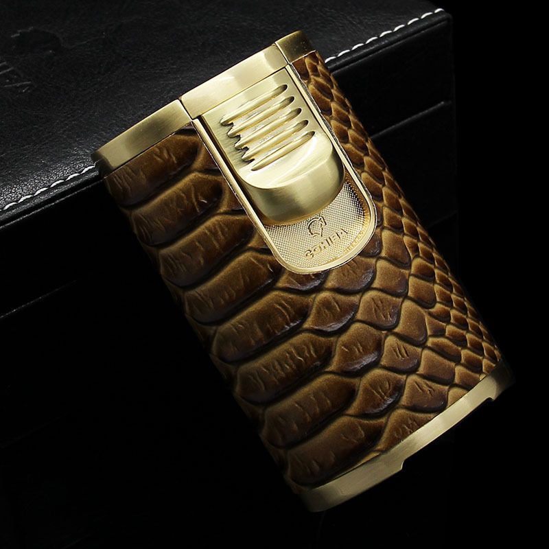 COHIBA Snakeskin Leather Metal 4 Torch Jet Flame Desktop Cigar Lighter