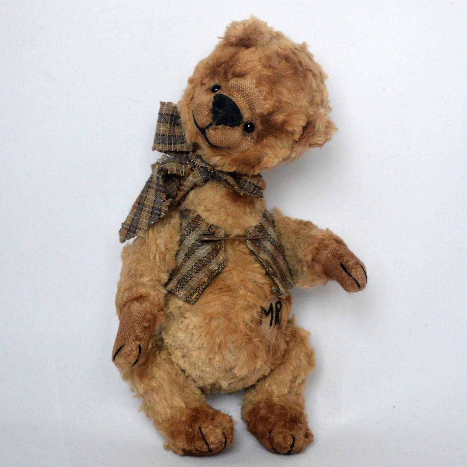 OOAK artist handmade teddy bear in vintage clothes, 7in.