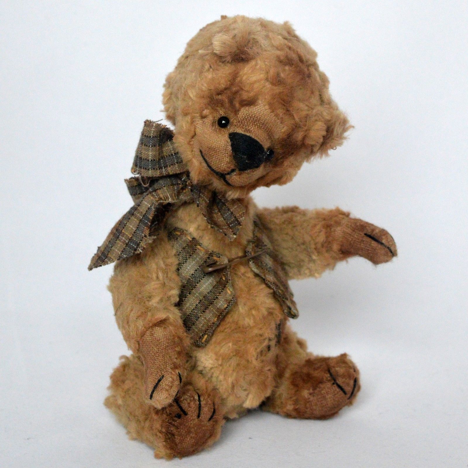 OOAK artist handmade teddy bear in vintage clothes, 7in.