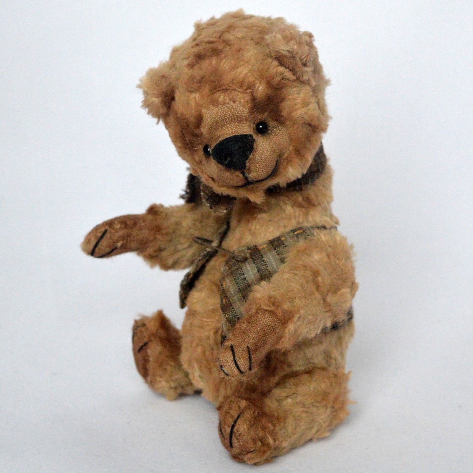 OOAK artist handmade teddy bear in vintage clothes, 7in.