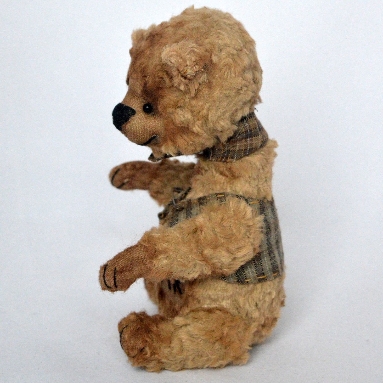 OOAK artist handmade teddy bear in vintage clothes, 7in.