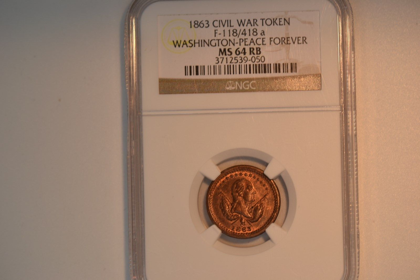 1863 Civil War Token- Washington-Peace Forever- NGC MS-64 RB.  F-118/418a.