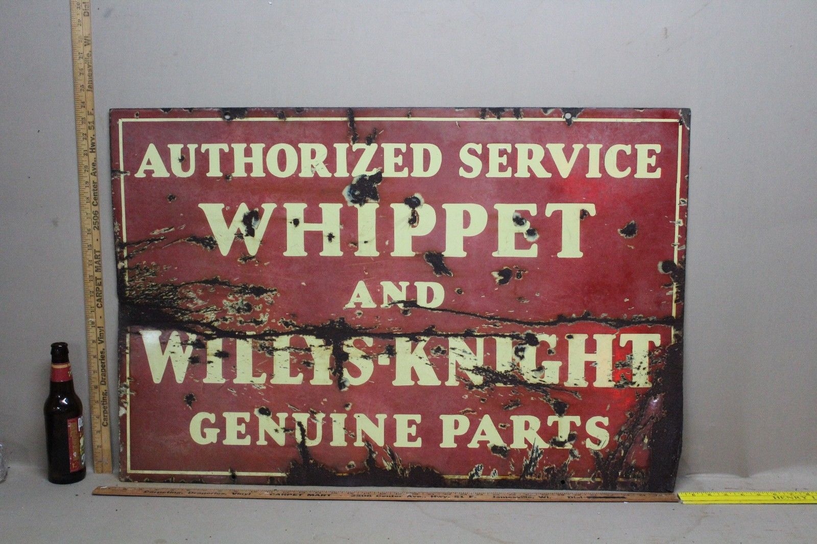 SCARCE 1930's WHIPPET WILLY'S JEEP 2-SIDED PORCELAIN DEALER SIGN GAS OIL CAR