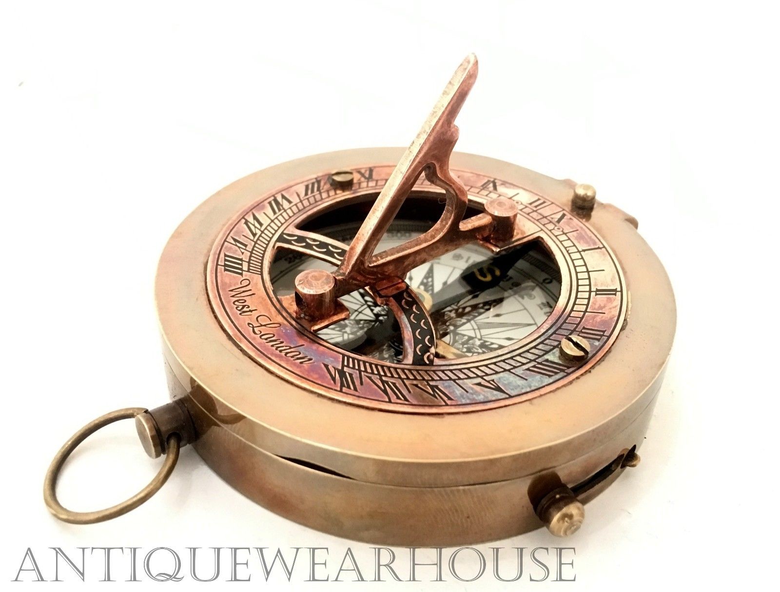 Nautical Astrolabe Antique Brass Working Compass With Leather Case Vintage Decor