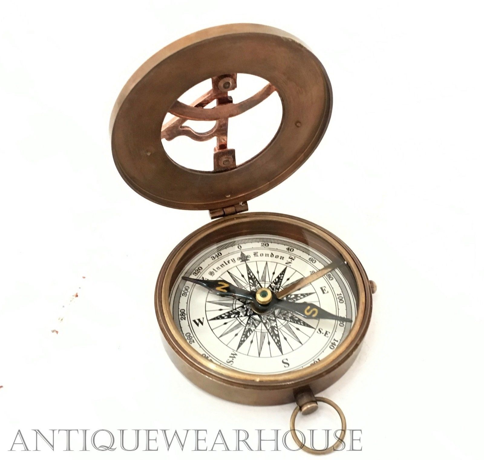 Nautical Astrolabe Antique Brass Working Compass With Leather Case Vintage Decor