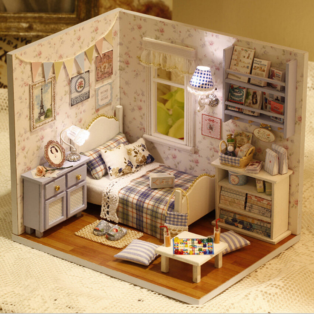 DIY Wooden Dolls house Miniature Kit w/Cover/LED Light Dollhouse Furniture FO