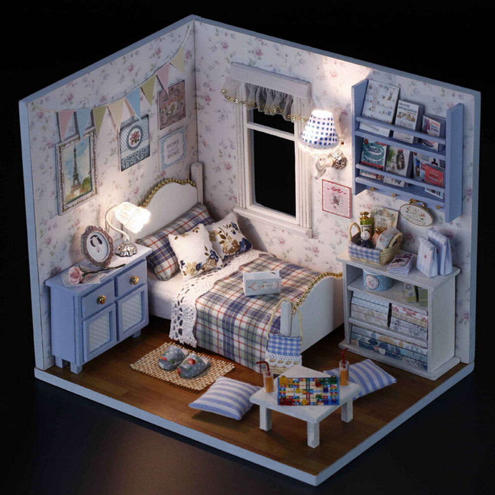 DIY Wooden Dolls house Miniature Kit w/Cover/LED Light Dollhouse Furniture FO