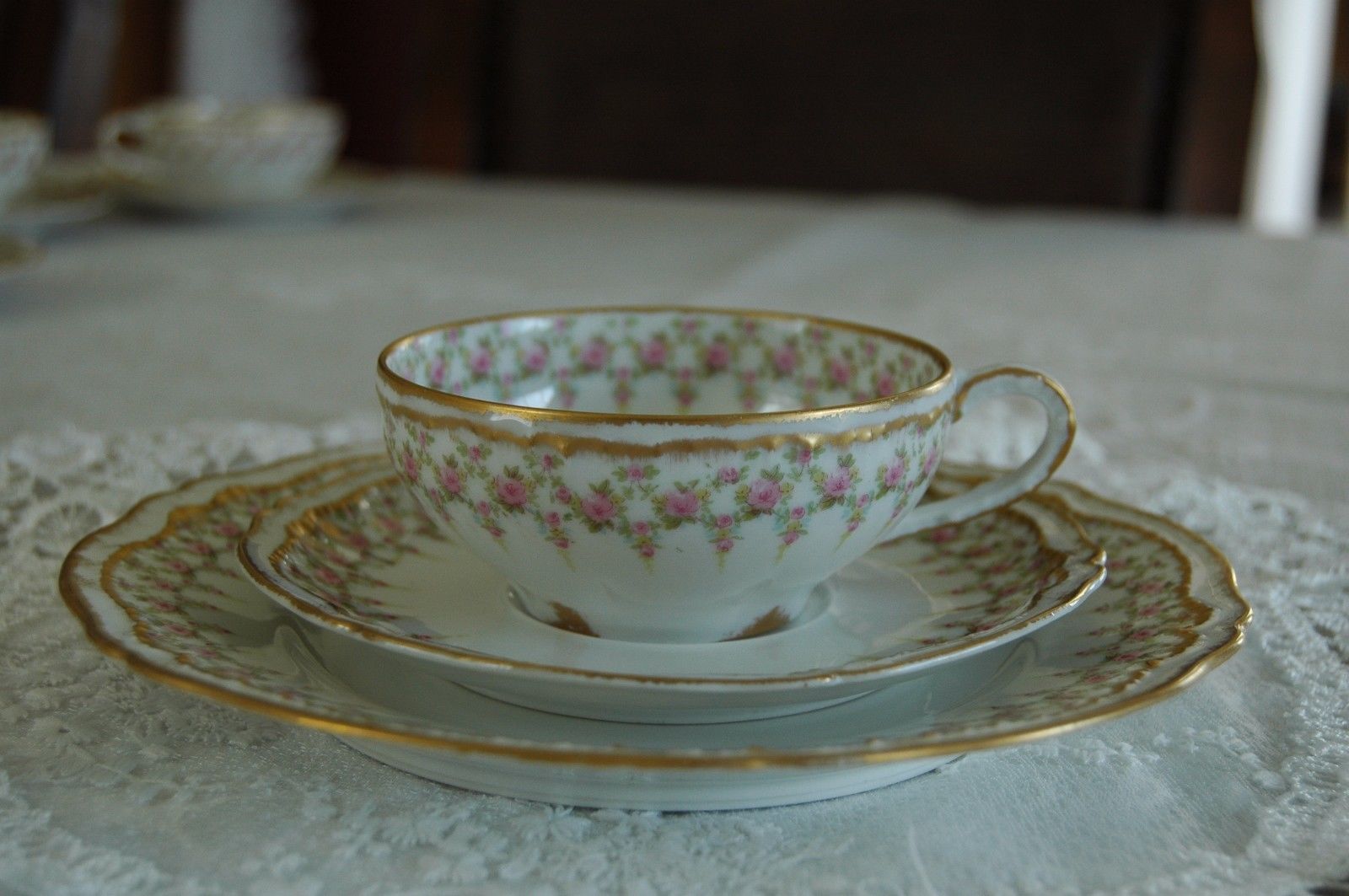 Haviland Schleiger 349A Double Gold Tea Cup, Saucer and Dessert Plate.