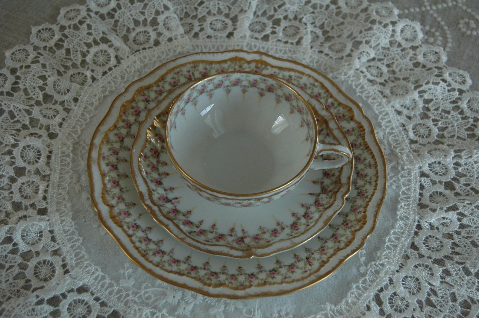 Haviland Schleiger 349A Double Gold Tea Cup, Saucer and Dessert Plate.