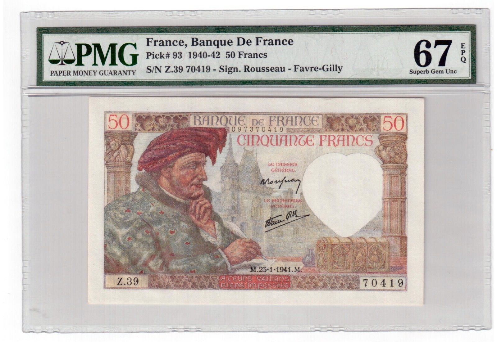 France 50 Francs Banknote 1941 Pick# 93 PMG Superb Gem UNC 67 EPQ "Vintage"