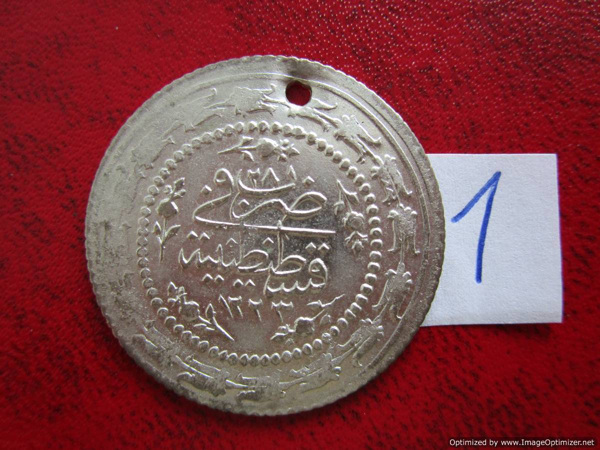 Turkey Ottoman Empire 3 piastres 1223/28 Mahmud II silver coin № 1 - with hole!