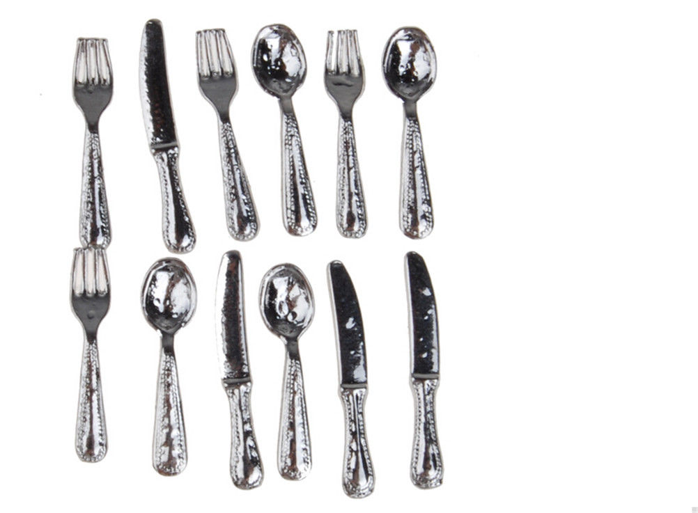 1/12 Dollhouse Miniature Stainless Steel Tableware Set 12 PCs Kitchen SW