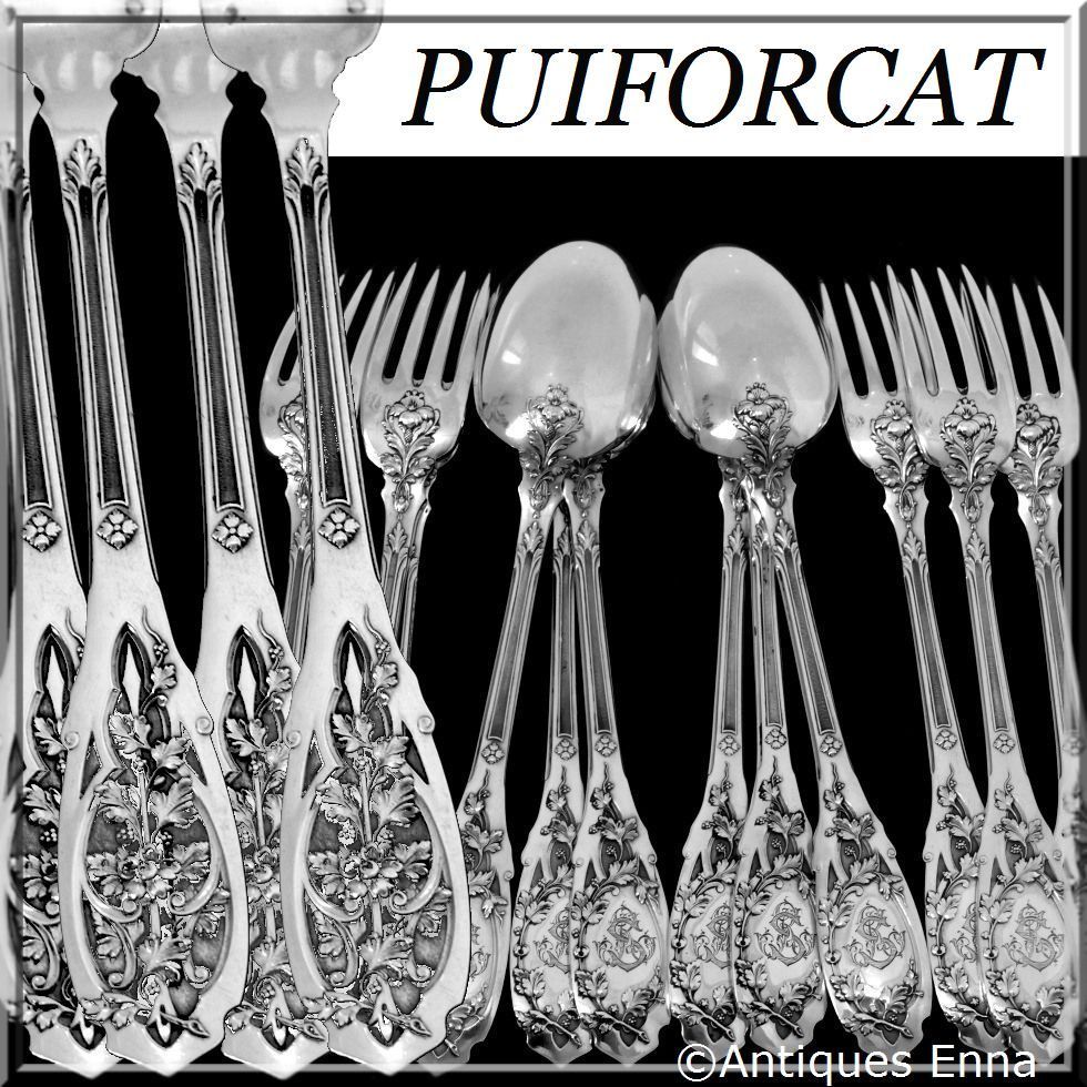 Puiforcat Rare French Sterling Silver Dinner Flatware Set 12 pc Moderne Model