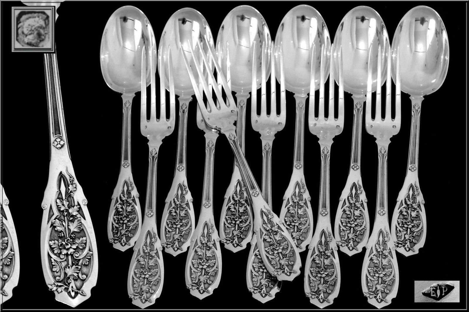 Puiforcat Rare French Sterling Silver Dinner Flatware Set 12 pc Moderne Model