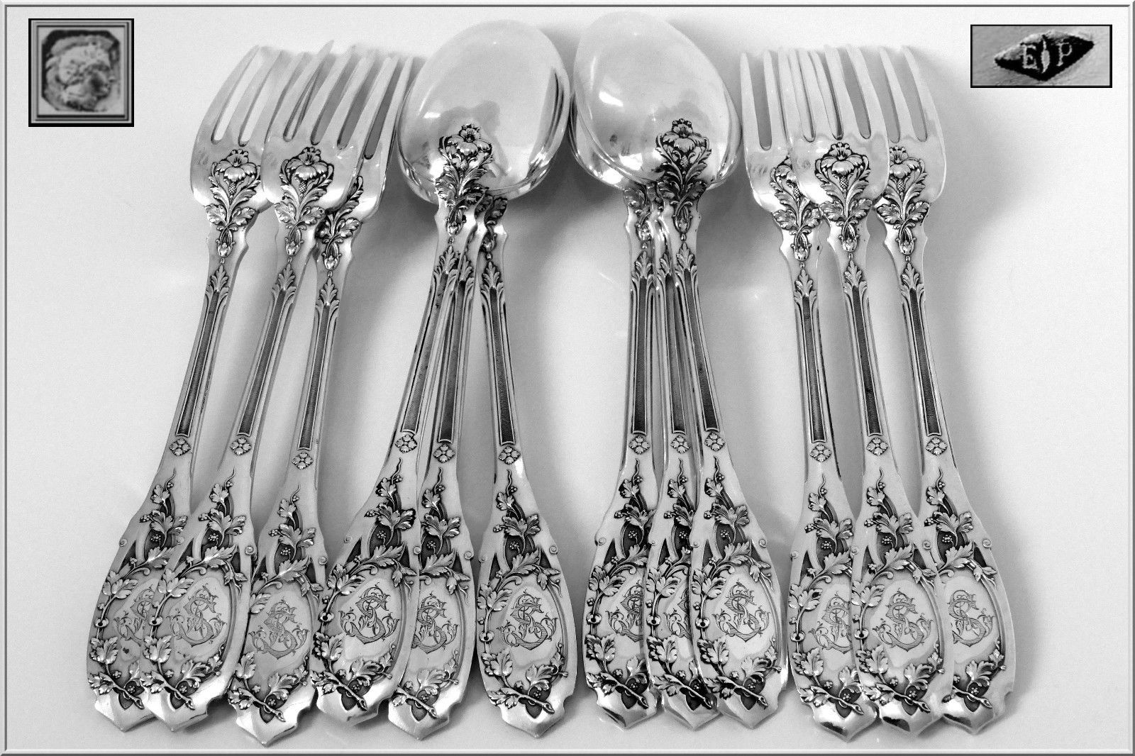 Puiforcat Rare French Sterling Silver Dinner Flatware Set 12 pc Moderne Model