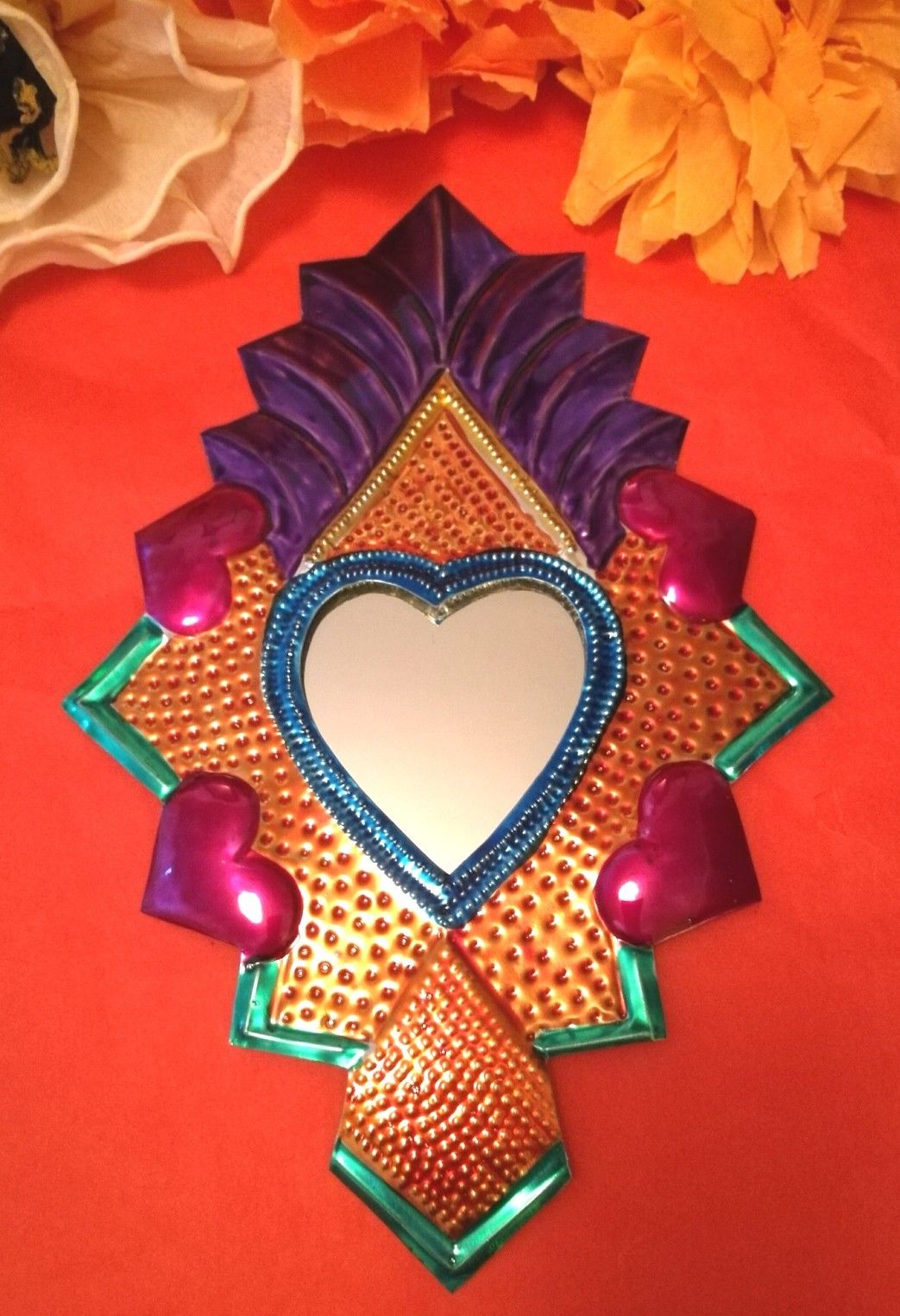 Mexican Tin Folk Art Mirror Gorgeous Colourful Heart Milagros Authentic Oaxaca