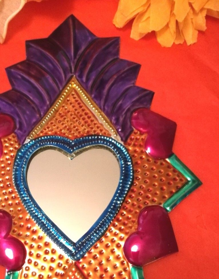 Mexican Tin Folk Art Mirror Gorgeous Colourful Heart Milagros Authentic Oaxaca